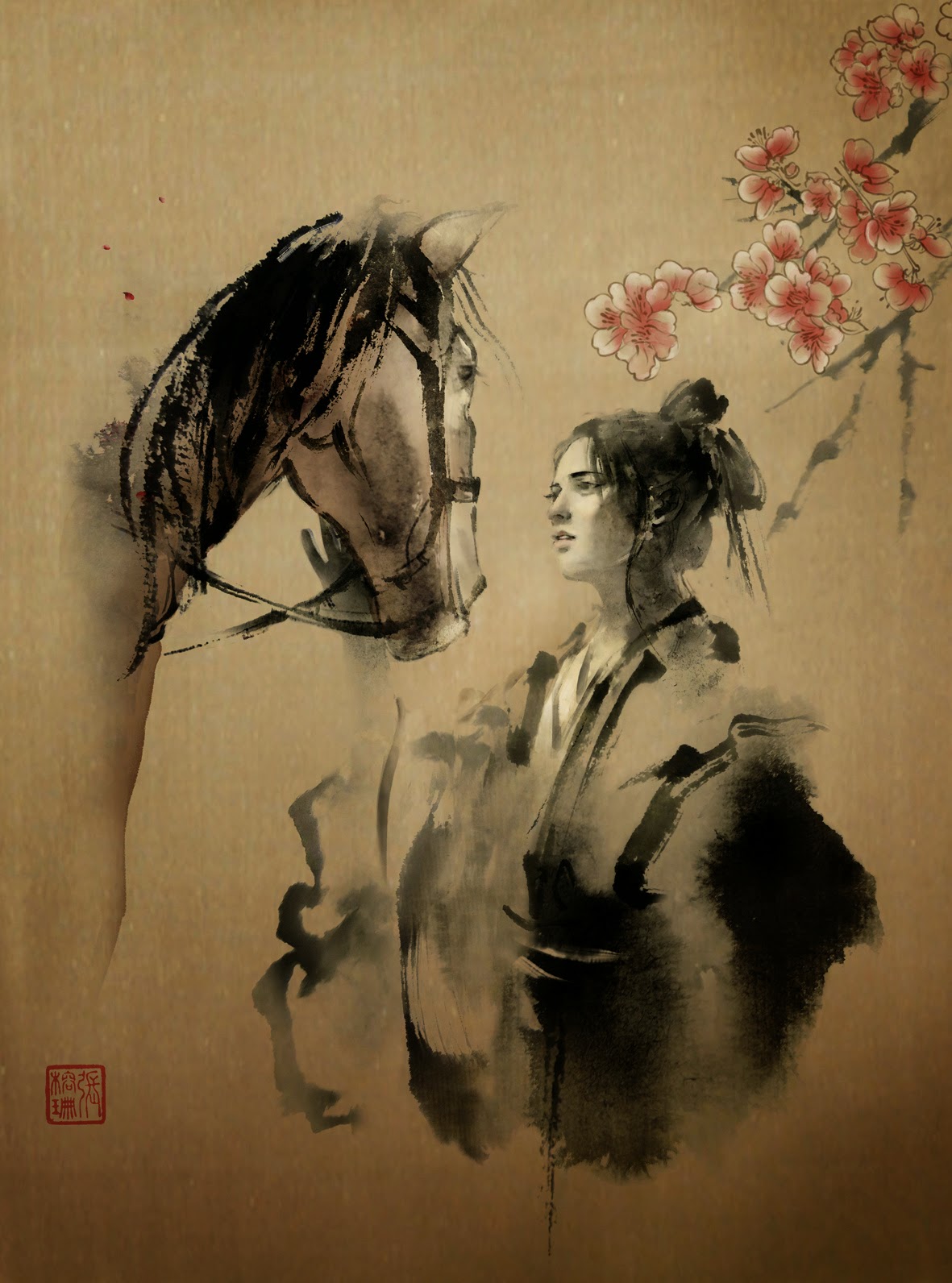 Painting of woman with horse next to sakura tree